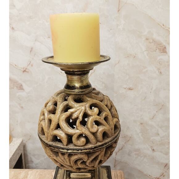 Ornate Candle Holder 12" Art Deco Faux Alabaster Cut Out Globe Morrocan Boho VNT - Picture 6 of 10